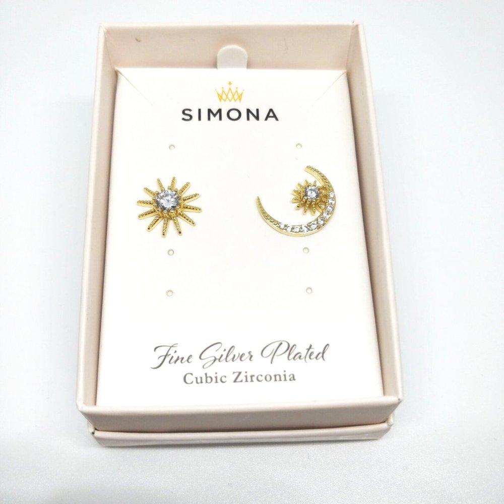 Simona Earrings Moon Star Sun Silver Plated Cubic Zirconium Gold Tone Celestial